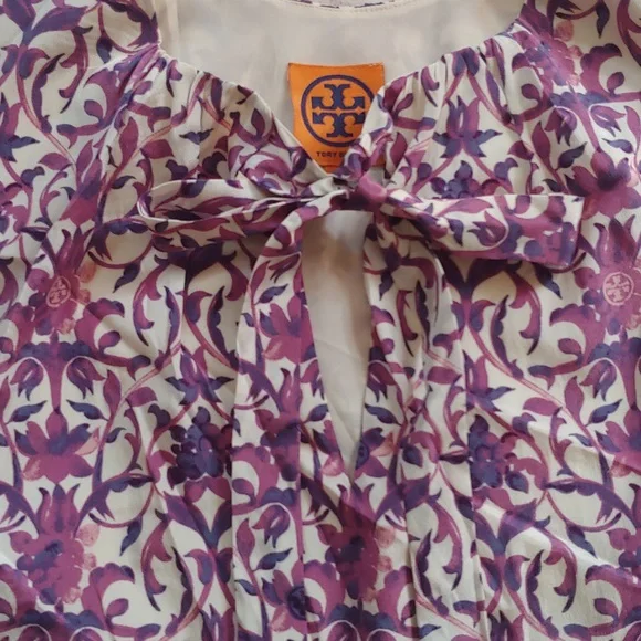 Tory Burch Purple and Cream Silk Blend Floral Blouse Size 6 - Picture 3 of 7